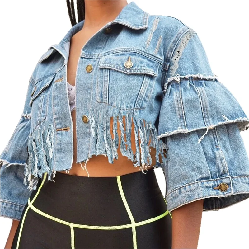 

Femme Streetwear Ripped Denim Jacket Women 2020 Spring Autumn Loose Flare Sleeve Jean Jacket Crop Coat Outerwear Female