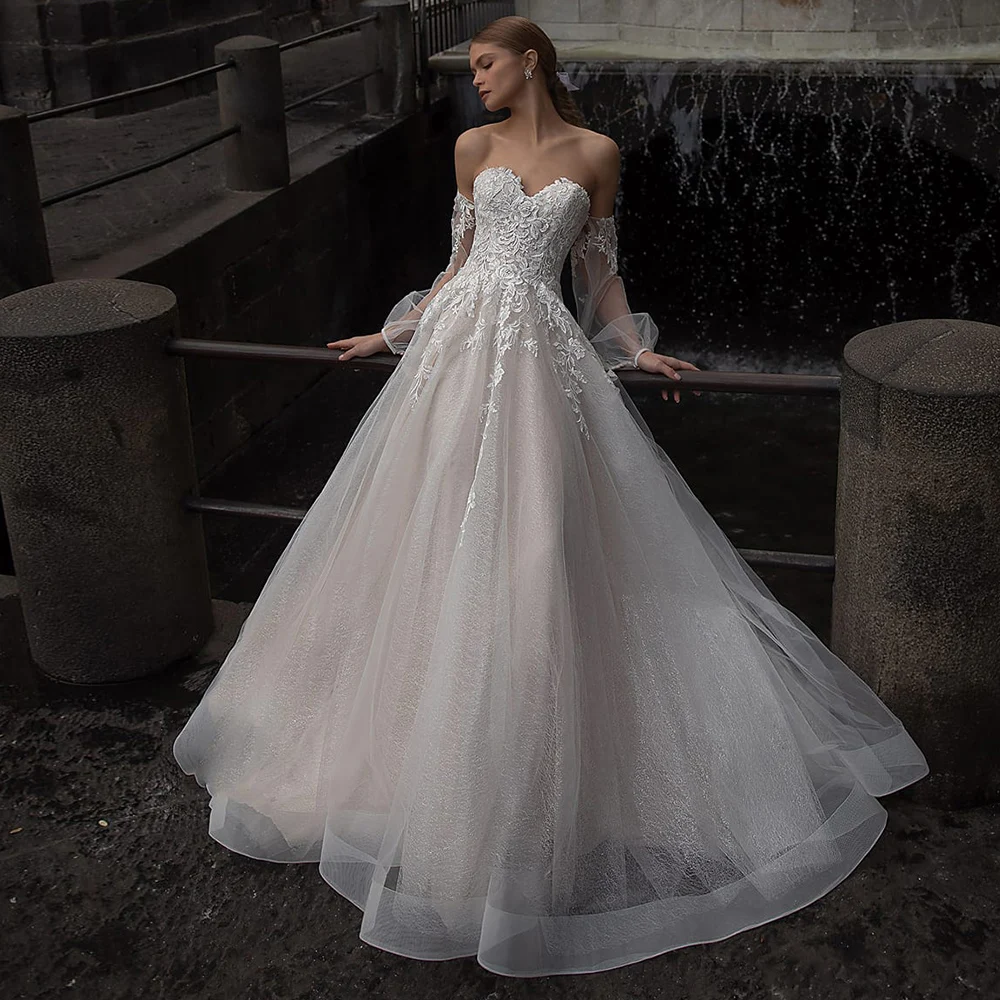 

Очаровательные свадебные платья из тюля 2022 милое кружевное ТРАПЕЦИЕВИДНОЕ свадебное платье с открытыми плечами аппликацией