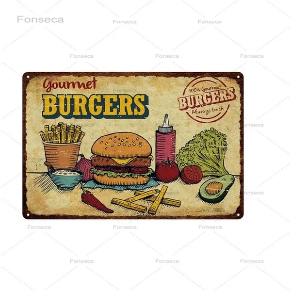 

Hamburger Metal Sign Plaque Metal Vintage Fast Food Tin Sign Wall Decor for Kitchen Cafe Diner Bar beer Metal Signs 20x30cm