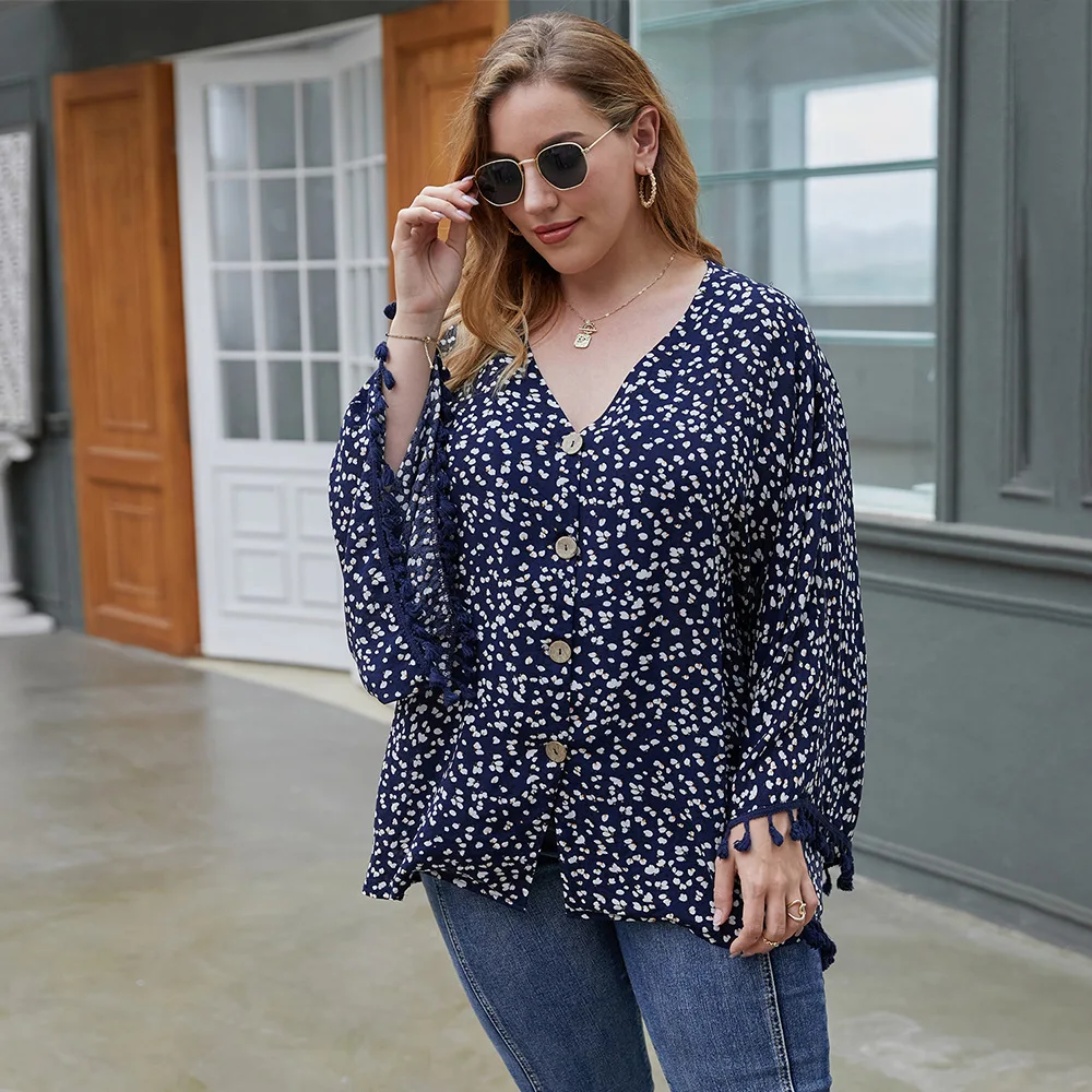 

Extra Large Elegant V-neck Batwing Sleeve Tassel Printed Comfortable Fashion Loose Plus Size Women's Clothing Vintage Shirts