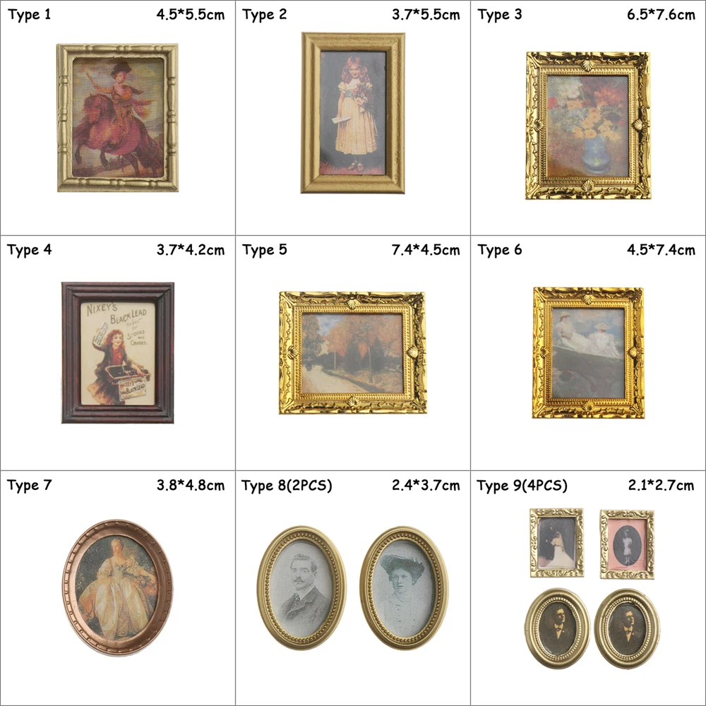 

1:12 Vintage Framed Photos Miniature Oil Painting Doll Accessories Resin Mini Wall Picture Dollhouse Ornament