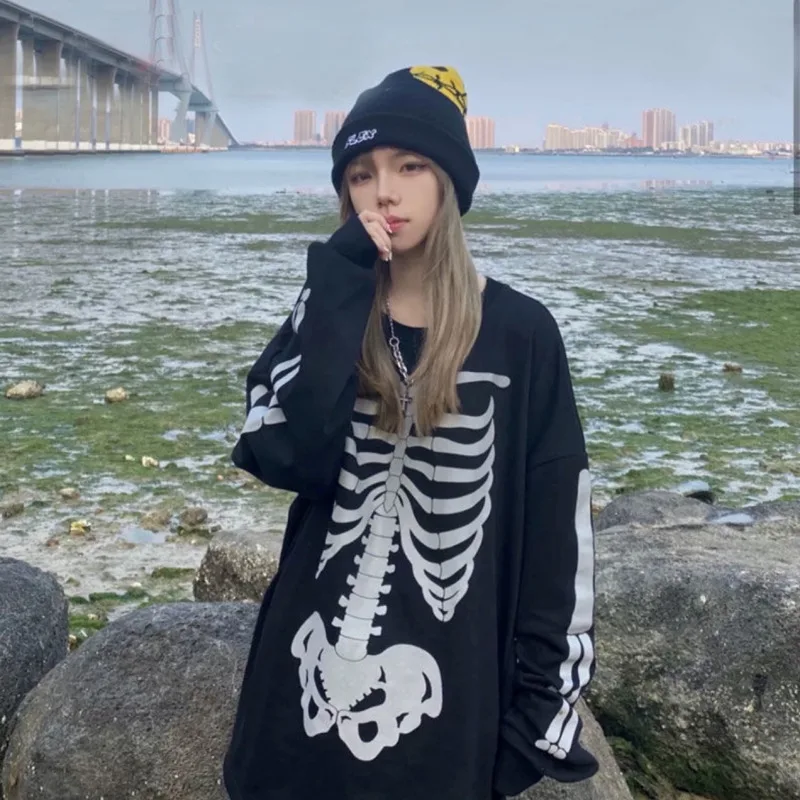 

Harajuku Women Hip-Hop Sweatshirt Women Vintage Gothic Print Wide Leg Pant Overalls Summer Spring Black Streetwear Hoodies