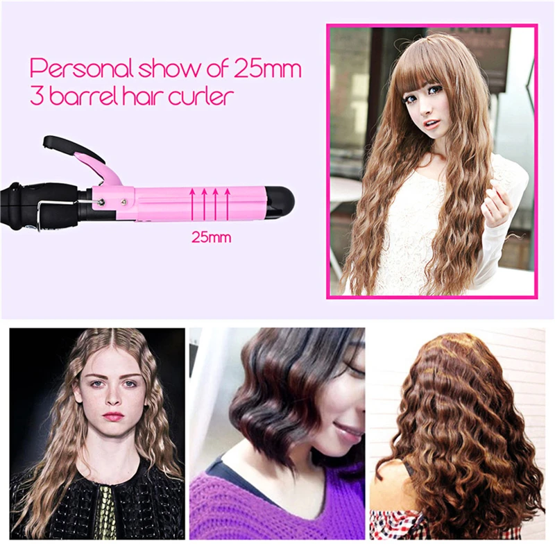 

25Mm Professional Hair Curler 3 Barrel Roll Big Waves Volumizing Fluff Hair Curling Wand Roller Waver Curling Iron Lcd Display