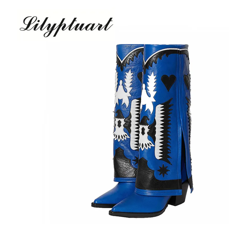 

Real Leather Ethnic Totem Embroider Women Cowboy Mid Calf Boots Turned-over Edge Pointed Toe High Heels Lady Long Boots