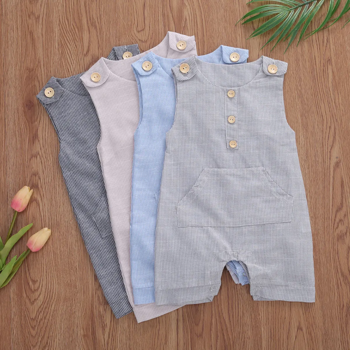 

New Kids Summer Clothing Newborn Baby Boys Buttons Striped Romper Fashion Boy Sleeveless Rompers Girl Cotton Linen Jumpsuit