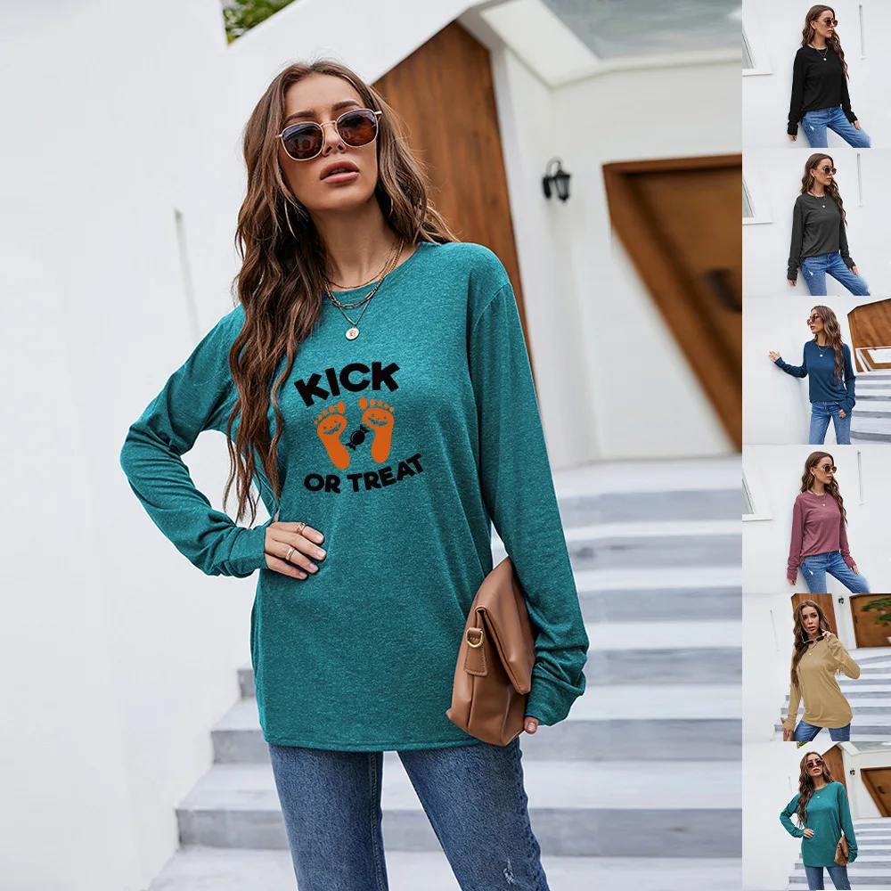 

Halloween Woman Tshirts Round Neck Long-sleeved Tops Y2k Aesthetic Print Fashion Casual Long-sleeved T-shirt Woman T Shirts Tee
