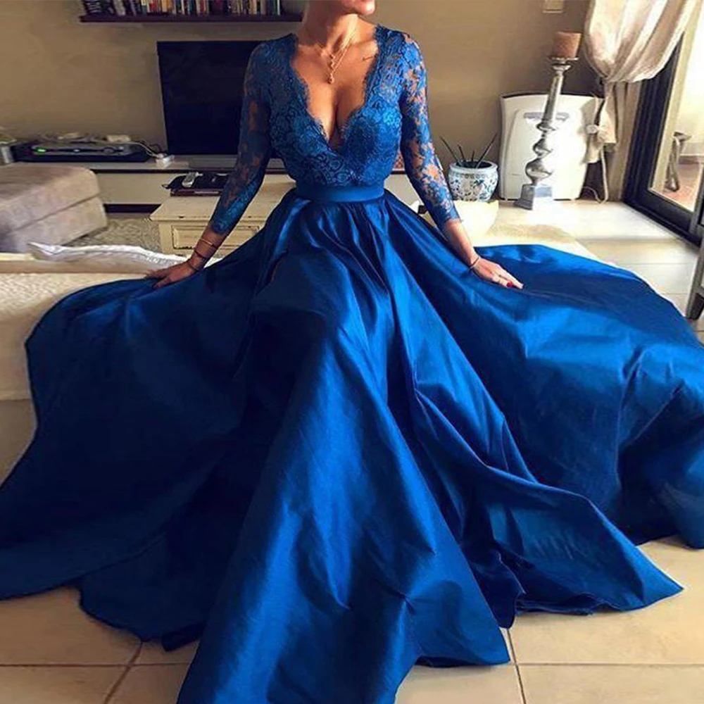 

Lace Slit Evening Dress Long 2021New Women Party Eleglant Sexy Deep V Neck Long Sleeve Prom Gown Satin A-Line Vestidos De Fiesta