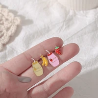 girls cartoon cute small fun earrings personality asymmetrical strawberry banana milk earrings