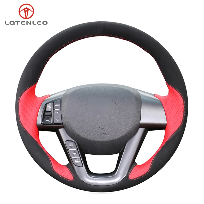 

LQTENLEO Red Leather Black Suede DIY Hand-stitched Car Steering Wheel Cover For Kia K5 Optima 2008-2013