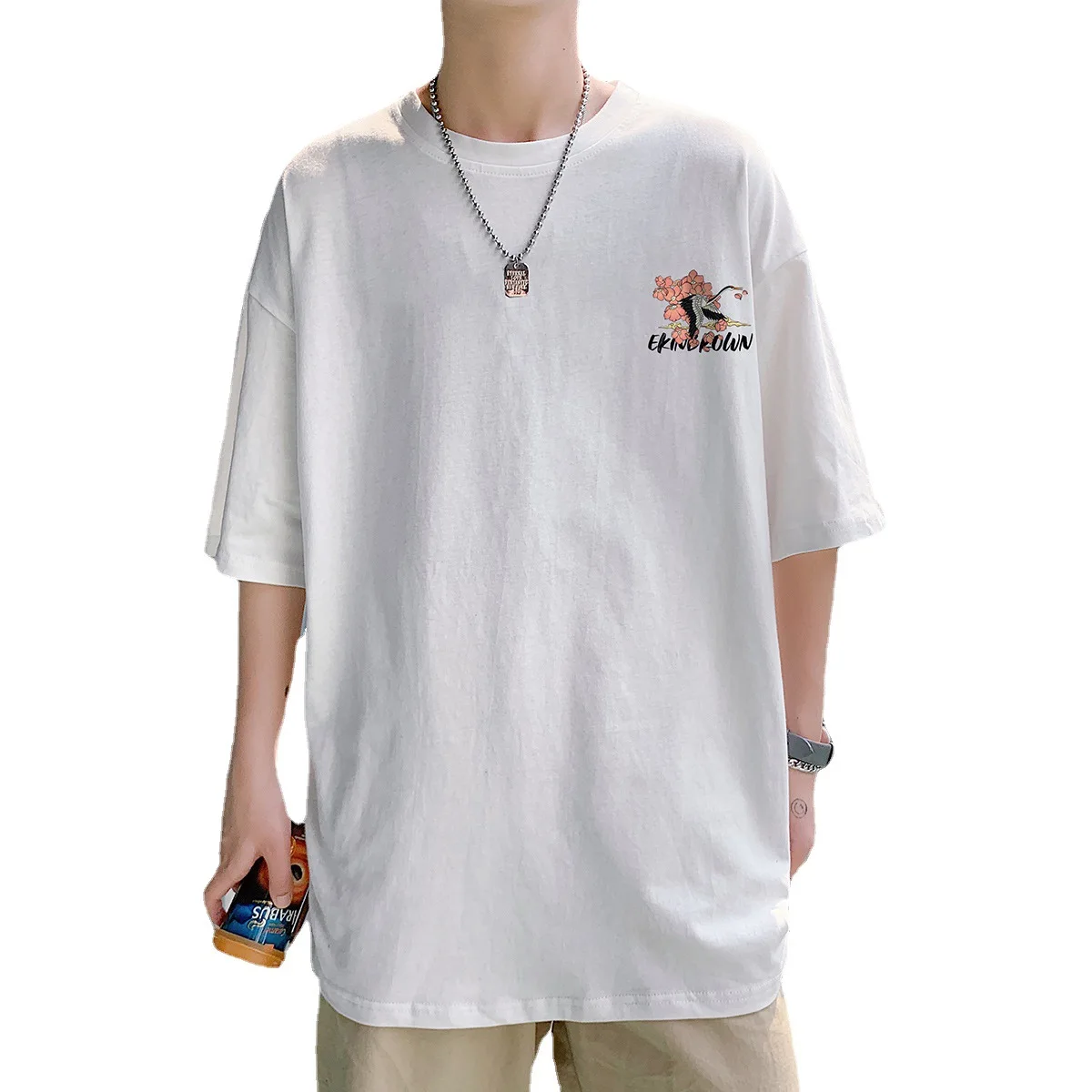 Мужская хлопковая футболка с принтом журавлей круглым вырезом и рукавом до локтя