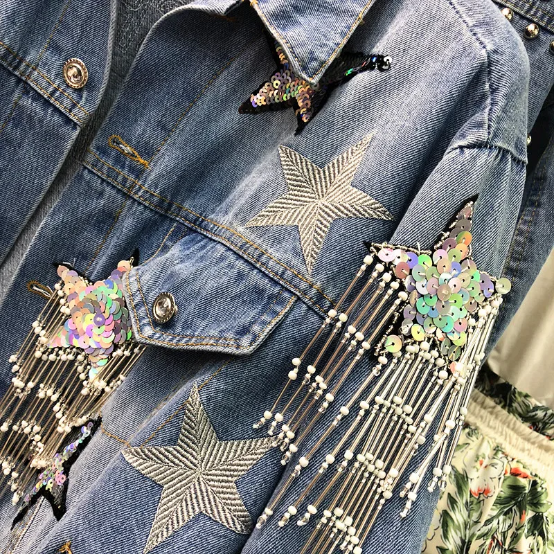 

Cakucool Women New denim Jacket 2020 stars sequined diamonds beading tassels embroidery punk jacket outerwear jacqueta