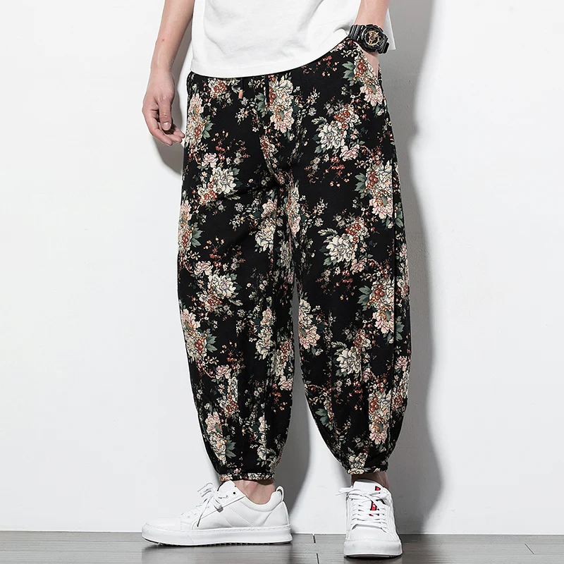 Свободные брюки с принтом в этническом стиле легкие льняные дышащие