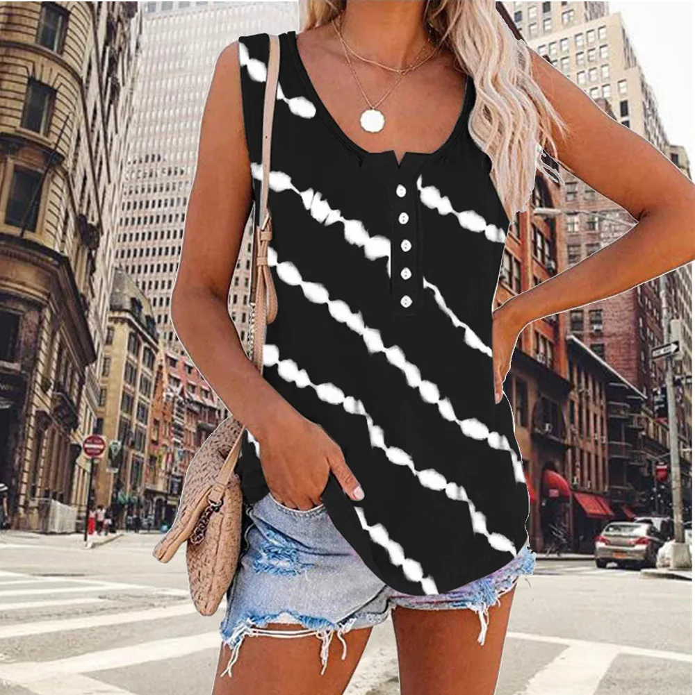 

Tie Dye White Striped Print Women Tank Tops Summer Fashion Casual Vest V-neck Sleeveless with Button Vest Female Aesthetic Shirt