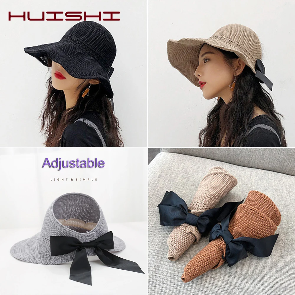 

HUISHI Women's Summer Hat Foldable Open Top Straw Sun Hat For Women Bowknot Back Adjustable Wide Brim Beach Visor Cap Khaki Blue