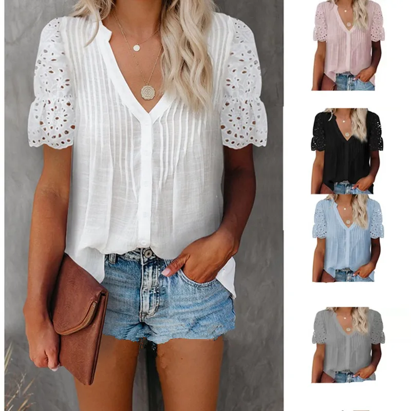 

OLOMLB 2021 Summer New Fashion Solid Casual Loose V Neck Short Sleeve Ladies Tops T Shirt Hollow Out Patchwork Buttons Women's