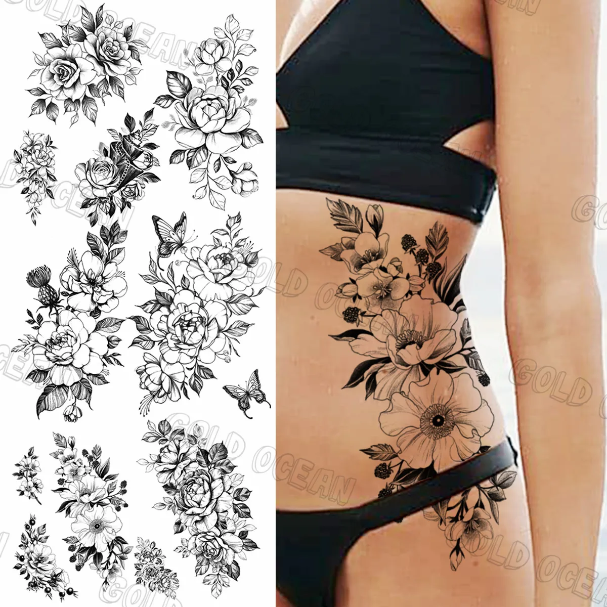 

Plum Blossom Leaf Temporary Tattoos For Women Girls Realistic Daisy Rose Flower Fake Tattoo Sticker Waist body Waterproof tatoos