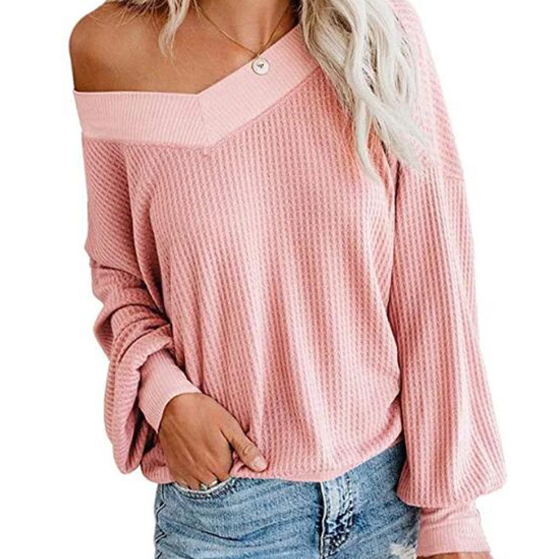 

Spring Womens One Off Shoulder T Shirt Ladies Autumn Long Sleeve Knitted Tee Tops Solid V Neck Casual Daily 7 Color T Shirt