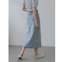 2021 summer women solid color skirt vintage side slit blue denim skirt woman mid length high waist slim body long skirt female