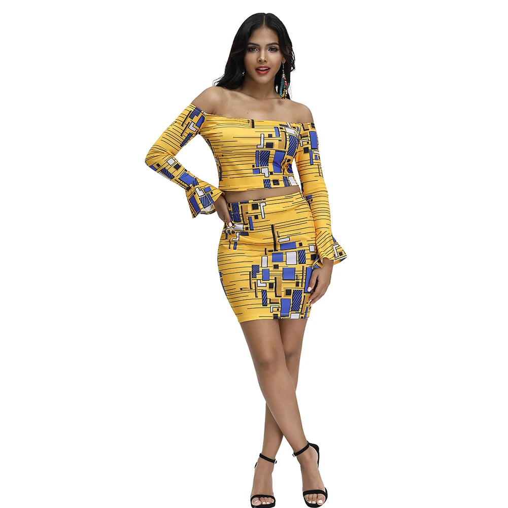 Bohisen африканские платья для женщин Дашики печати 2 шт. Длинные оборками рукавом