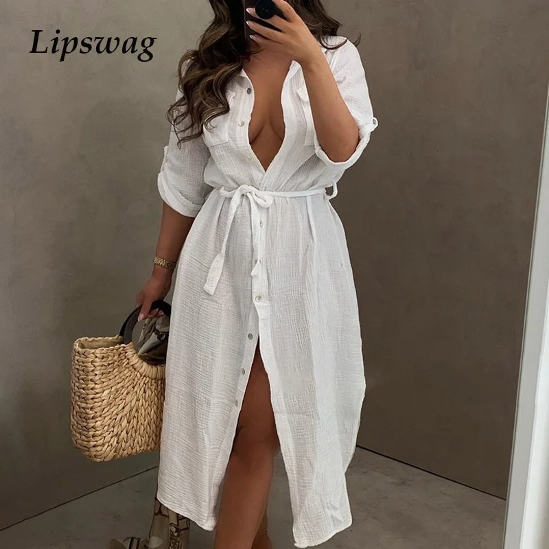 

Платье женское длинное с завязкой, элегантное однотонное винтажное модное вечернее пляжное платье-рубашка на пуговицах с разрезом, с длинн...