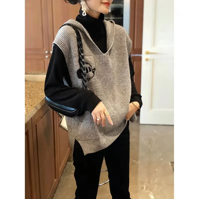 Женский свитер с капюшоном и вилкой безрукавка оверсайз весна осень 2021| |