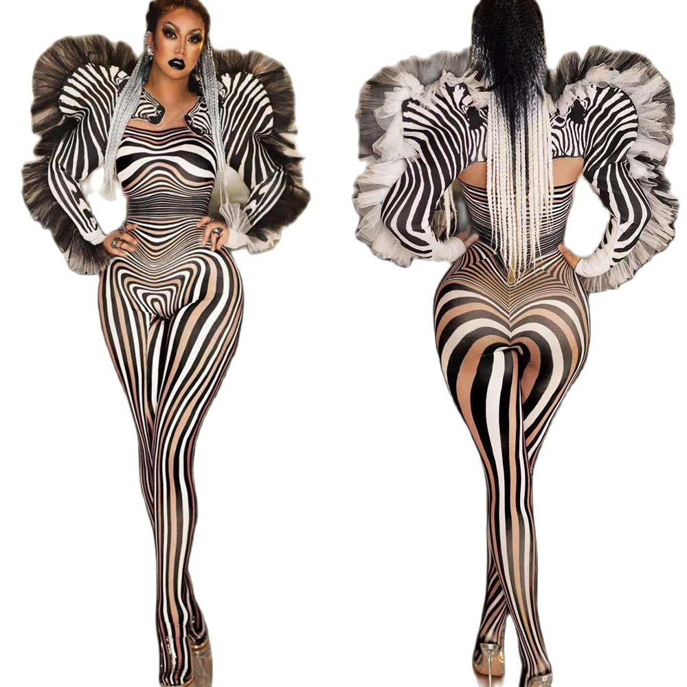 

Personality 3D Print Zebra Pattern Women Jumpsuits Long Sleeve Skinny Playsuits Nightclub Dancer Singer Stage Wear Outfit