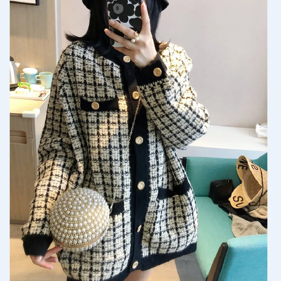 

Длинный кардиган в клетку, женский свитер на весну и осень, новинка 2021, модное небольшое цветное вязаное пальто в клетку