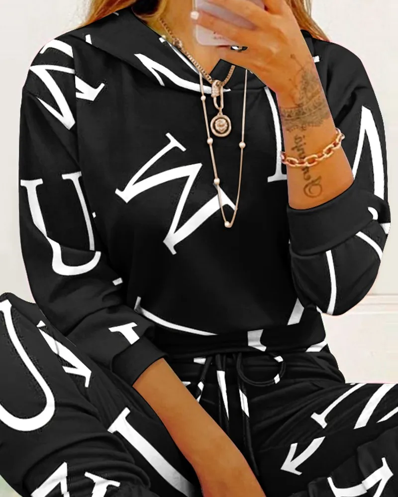 

2021 Ladies Suit Spring and Autumn New Hooded Long Sleeve Letter Printed Top and Drawstring Pants Two-piece Casual Sweatshirt