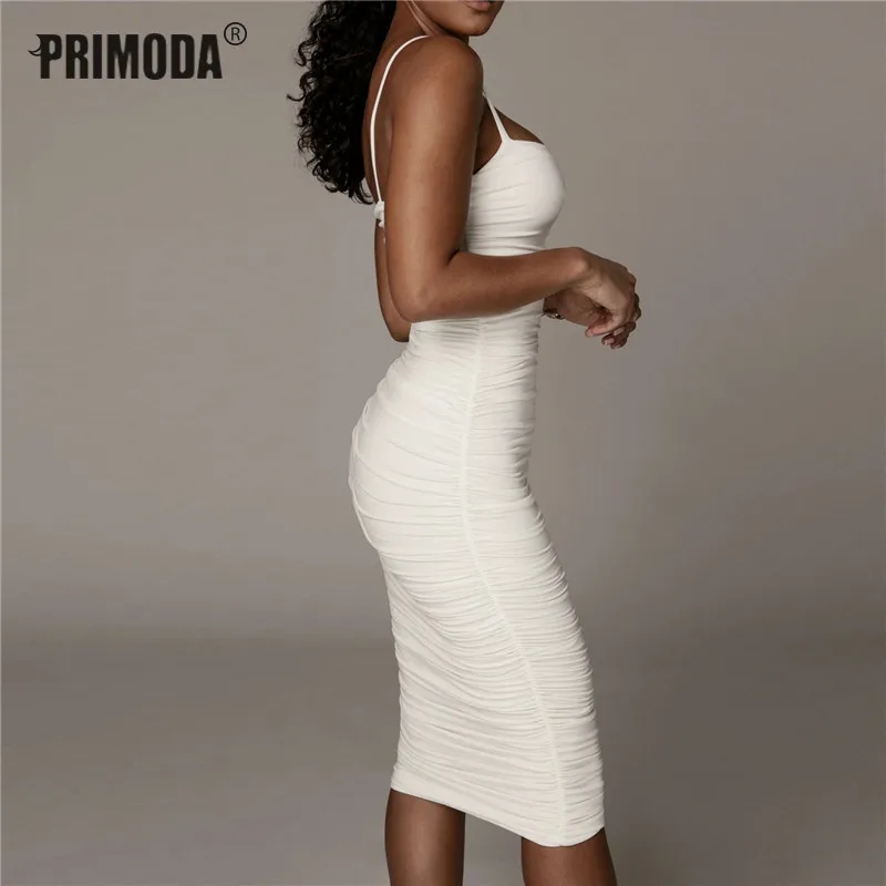 

Runway Elegant Dress 2021 Summer Fashion Women Bodycon Sexy Draped Club Party White Dress Slash Backless Spaghetti Strap PR386M