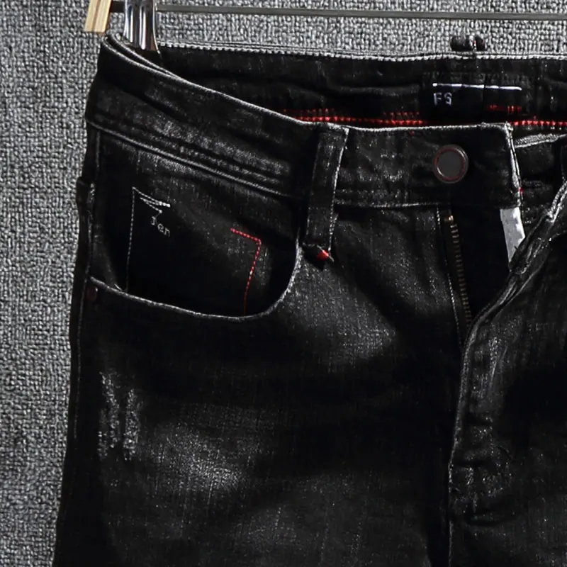 Korean Style Fashion Men Jeans Retro Black Elastic Slim Fit Ripped Jeans Men European Vintage Designer Casual Denim Pencil Pants