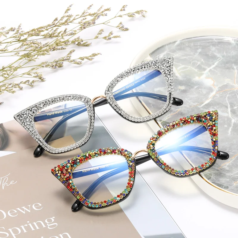 

NatuweCo Colorful Optical Frames Rhinestone Inside Diamond Shining White Colorful Anti Blue Light Computer Glasses UV400