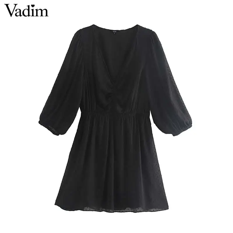 Vadim женское Ретро Черное шифоновое мини платье с длинным рукавом v образным