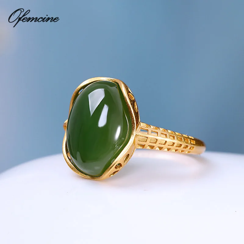 

S925 Silver Retro Green Hetian Jade Jasper Rings for Women Fashion Gold-plated Egg Face Finger Open Ring Fine Jewelry Mom Gift