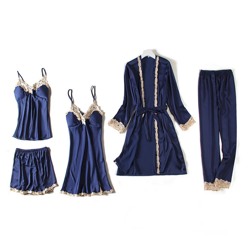 

SLPBELY Summer Spring Sexy Lace Women's Pajamas 5-Piece Gold Velvet Pajamas Pure Color Elegant Home Service Set Nightdress