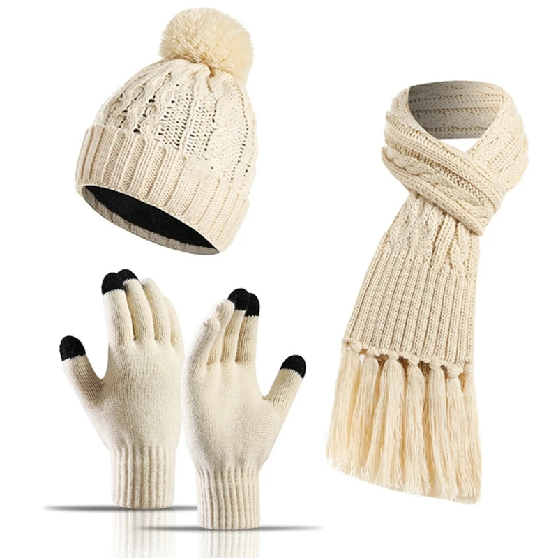 

Женская Зимняя Шапка-бини из 3 предметов, длинный шарф с кисточкой, набор перчаток для сенсорного экрана, красочная вязаная крючком плюшевая...