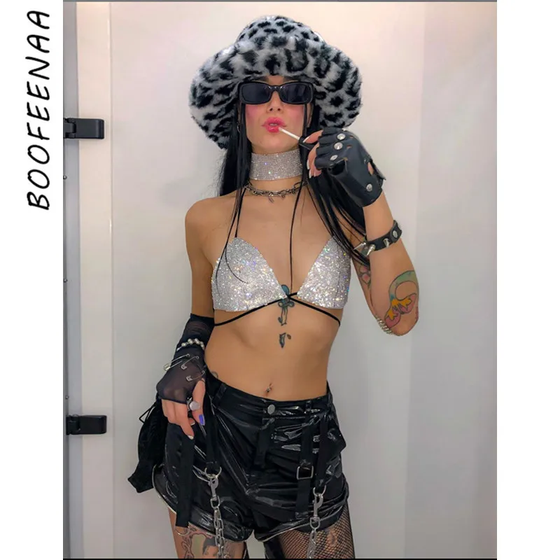 BOOFEENAA серебристые с блестками Холтер открытая спина на тонких бретелях короткий