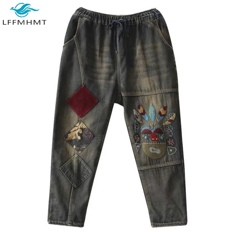 

Women Winter Fall New Fashion Thicken Fleece Harem Jeans China Traditional Facial Makeup Embroidery Patchwork Casual Denim Pants
