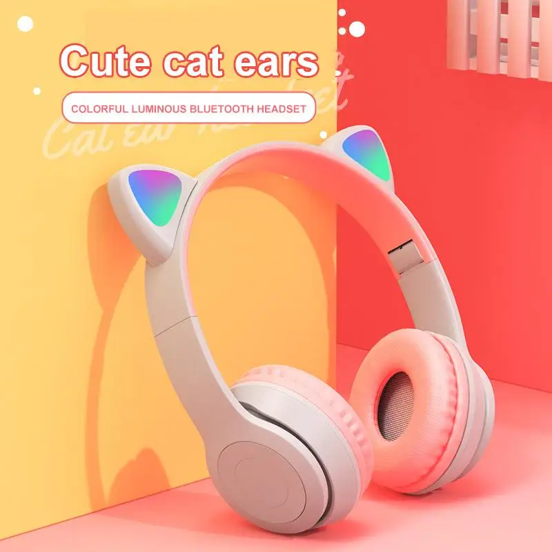 Cute Cat Ears Wireless Headphones With Mic Can Control LED Kid Girl Stereo Music Helmet Phone Bluetooth-compatible Headset Gift |