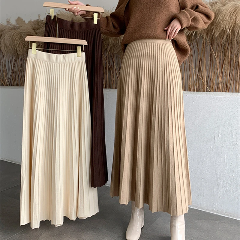 2021 New Thicken Women's Knitted A-line Skirts Elegant Autumn Winter Solid Color High Waist Warm Umbrella Long Skirts Female