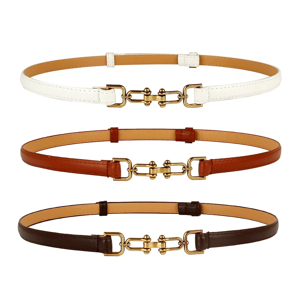 

2021 Fashion High Quality Ladies Thin Belt PU Leather Suit Dress Bronze Hanging Buckle Belts for Women Luxury Designer Brand