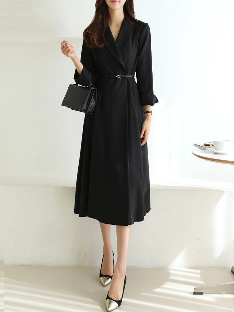 

Fashion Women Trench Dress Spring Elegant V Neck Big Swing Windbreaker With Belt Office Lady Solid Color Miidi Length Coat