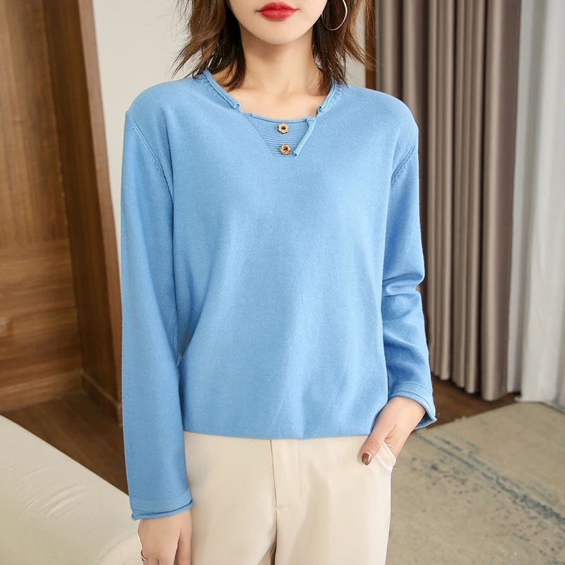 

21 Autumn/Winter New 100% Pure Cotton Knitted Sweater Women Pullover Crimping Round Neck Casual Loose Solid Color All-Match Top