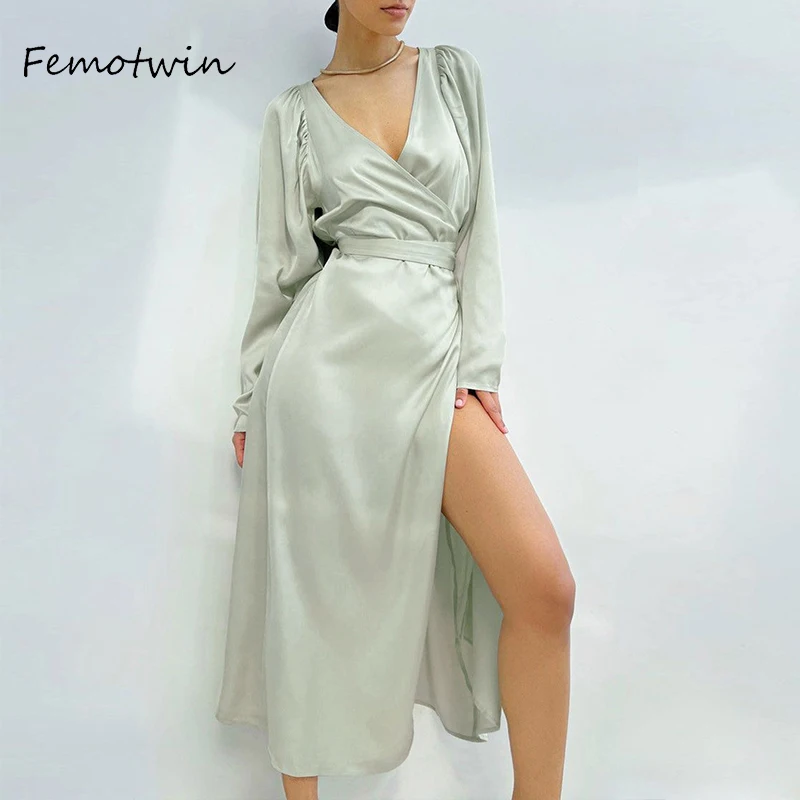 Femotwin Elegant V-Neck Vintage Dress Fashion Long Sleeve High Waist Midi Dress Autumn Puff Lace Up Office Dress Ladies Girl New