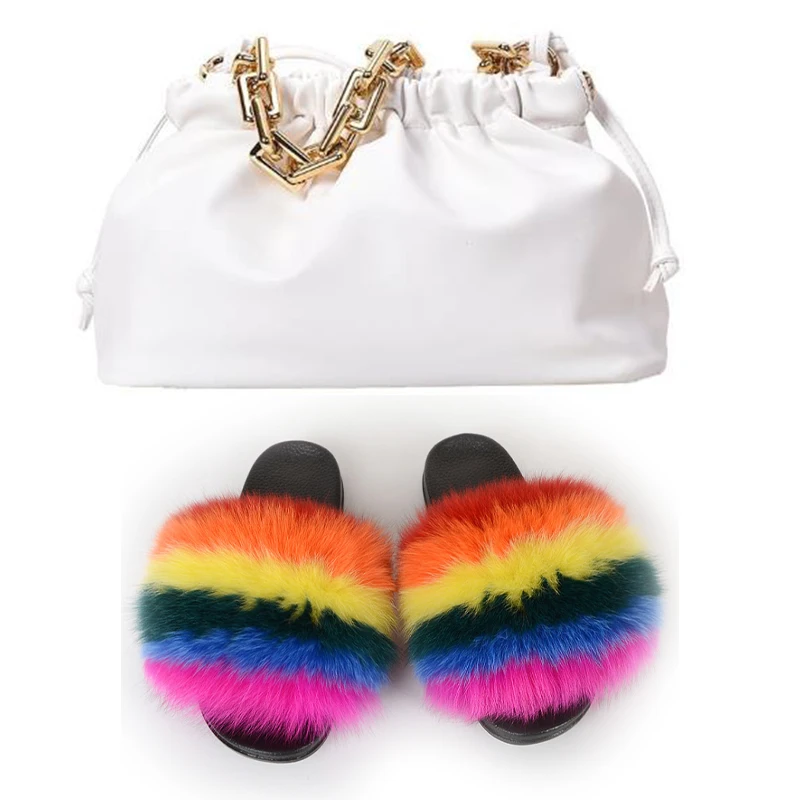 

Шлепанцы женские из натурального радужного лисьего меха, с сумкой, сандалии на плоской подошве, пушистые, наборы кошельков
