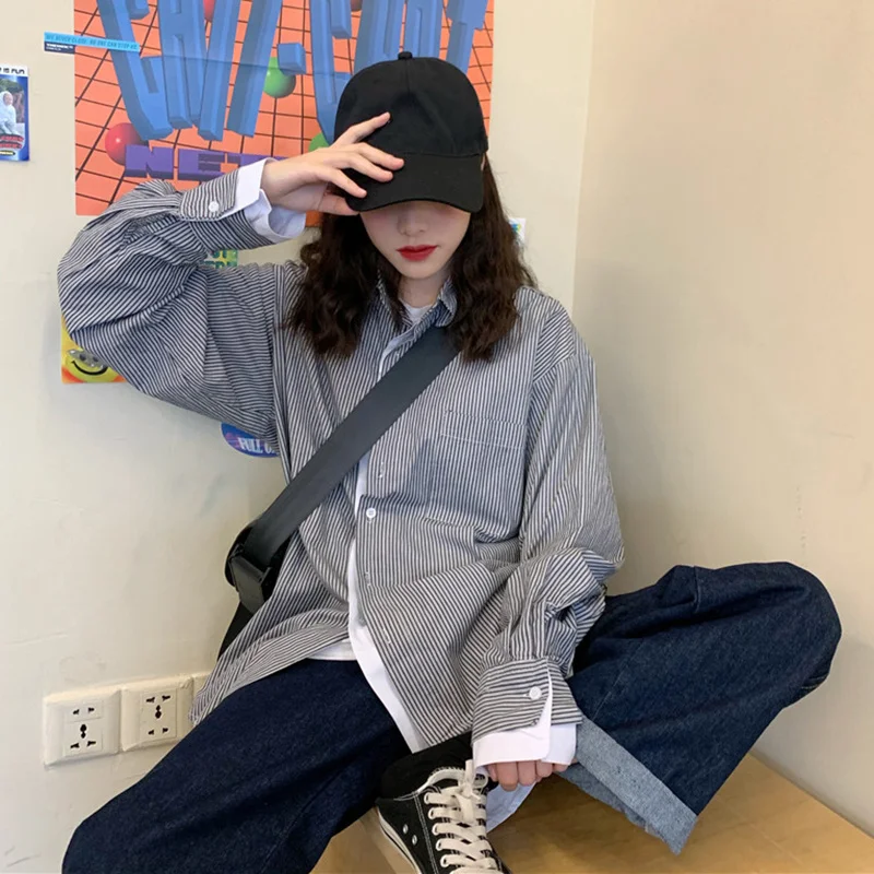 

Полосатая рубашка из двух частей для женщин, новинка 2020, просторная рубашка в Корейском стиле с длинным рукавом, модная рубашка в стиле нише...