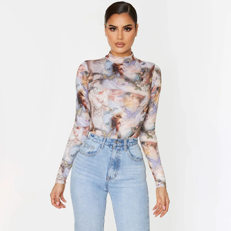 

Gxcmhbwj New Autumn French Retro Oil Painting Print Round Neck Slim Long Sleeve Women's Bodysuit Female Vacation Club Streetwear