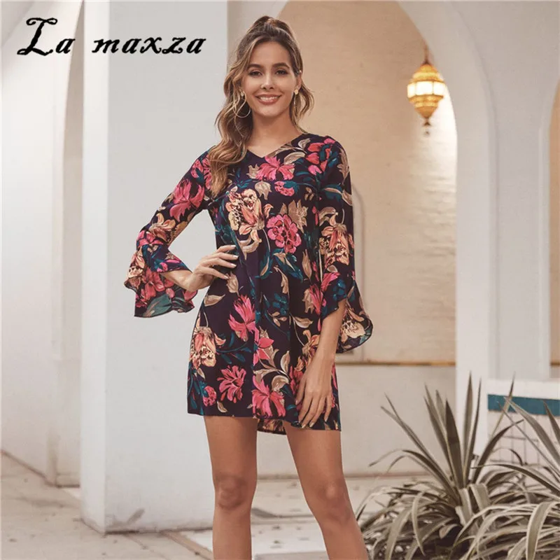 

Повседневное винтажное женское мини-платье с принтом, весна 2020, приталенное платье с V-образным вырезом и расклешенными рукавами для дам