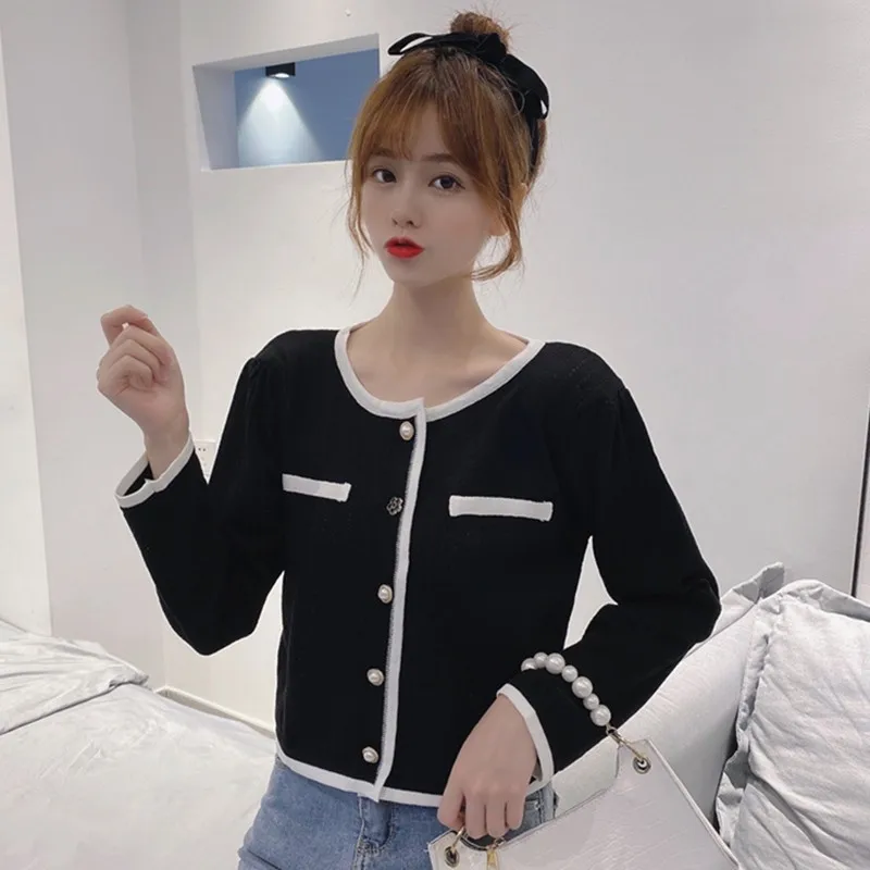 

2020 Patchwork Fashion Temperament Thin Jacket Office Lady Commute Style Single Breasted Long Sleeve Knitted Cardigan