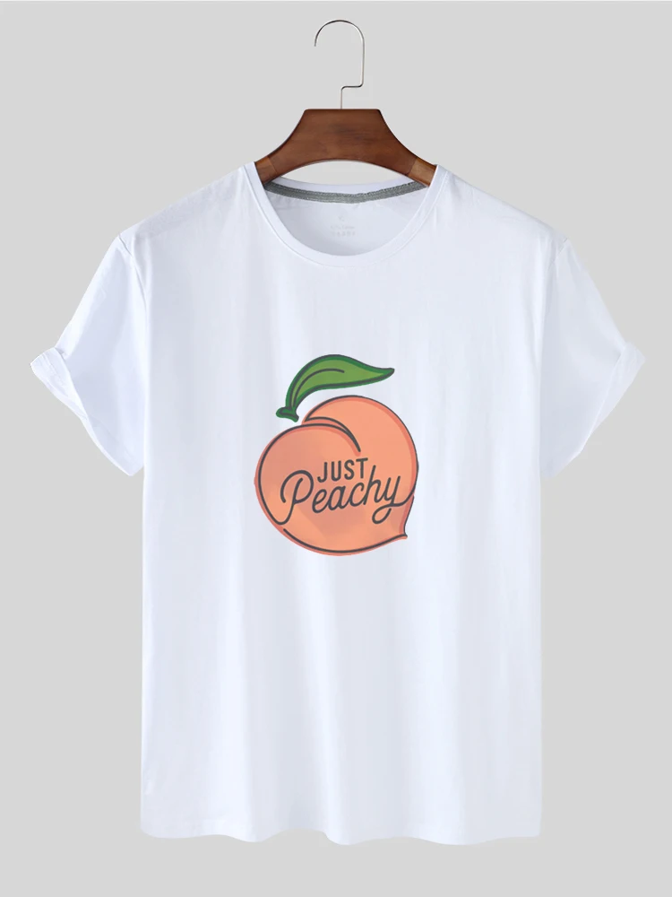 

New Style Summer Fashion T-shirt Comfort Pink Peach Pattern Printed Pure and Fresh Short Sleeve Round Neck Casual T-shirt