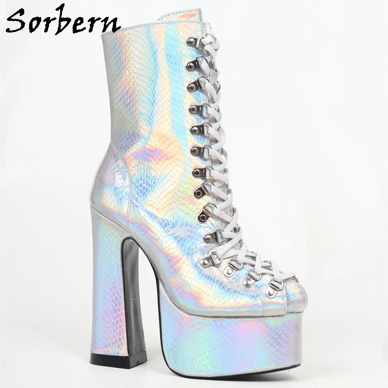 

Sorbern Silver Snake Holo Ankle Boots Block Heels Lace Up Platform Shoes Chunky High Heel Goth Boots Autumn Shoes Woman Custom